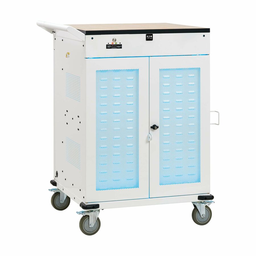 Eaton Tripp Lite Series Safe-IT 36-Device UV Mobile Charging Cart for Laptops and Chromebooks - 120V, NEMA 5-15P, 10 ft. (3.1 m) Cord, Antimicrobial, Wood-Grain Top, White