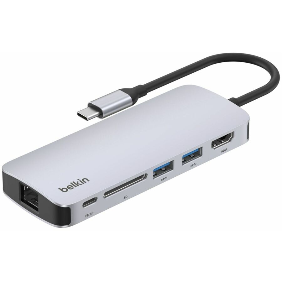 Belkin 6-Port USB-C Hub - USB-C to 2xUSB-A, 1xUSB-C, 1xEthernet, 1x8K HDMI, 1xSD Reader - Docking Station - Grey