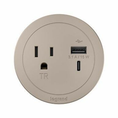Wiremold Round FPC with 1 Outlet and Combo USB-A and USB-C Ports - Nickel