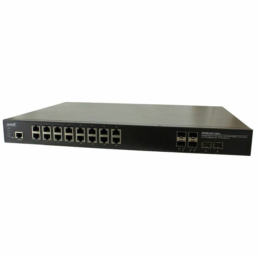 Managed Hardened Gigabit Ethernet PoE+ Rack Mountable Switch 16 10/100/1000Base-T PoE+ Ports + 4 100/1000Base-X SFP Slots + 2 1G/10GBase-X SFP+ Slots