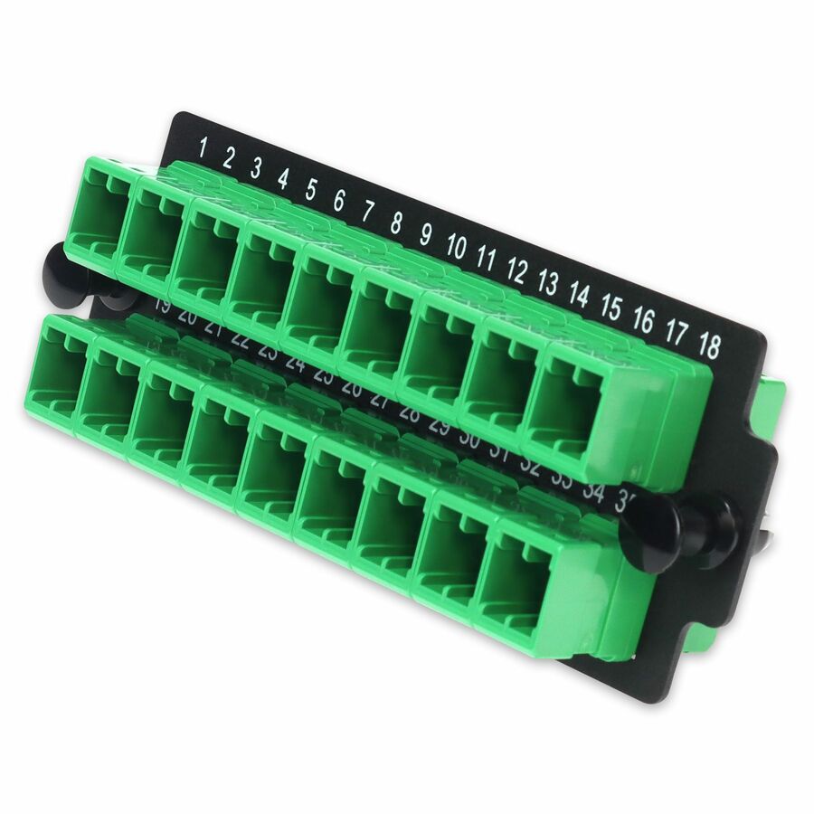 AddOn HDM Series 36-port MMC Adapter Plate for the HDM rackmount systems, featuring thirty-six green MMC adapters