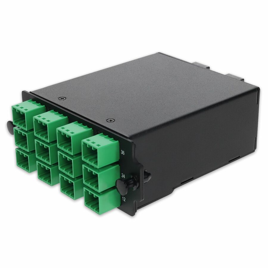 AddOn HDM Breakout Cassette 6x MPO-12 to 72x MDC/APC delivers ultra-high-density MPO-to-MDC/APC breakout connectivity within HDM rackmount systems
