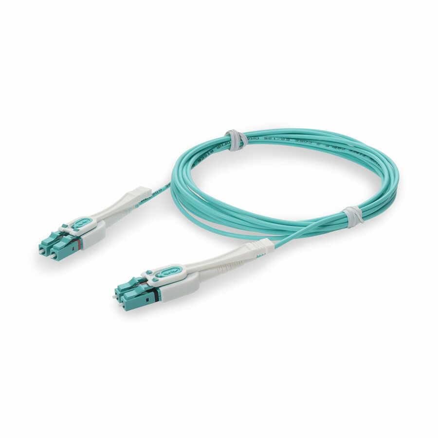 AddOn 1m LC to LC Aqua OM4 Duplex Uniboot OFNR (Riser-Rated) Fiber Patch Cable with Push/Pull Tabs