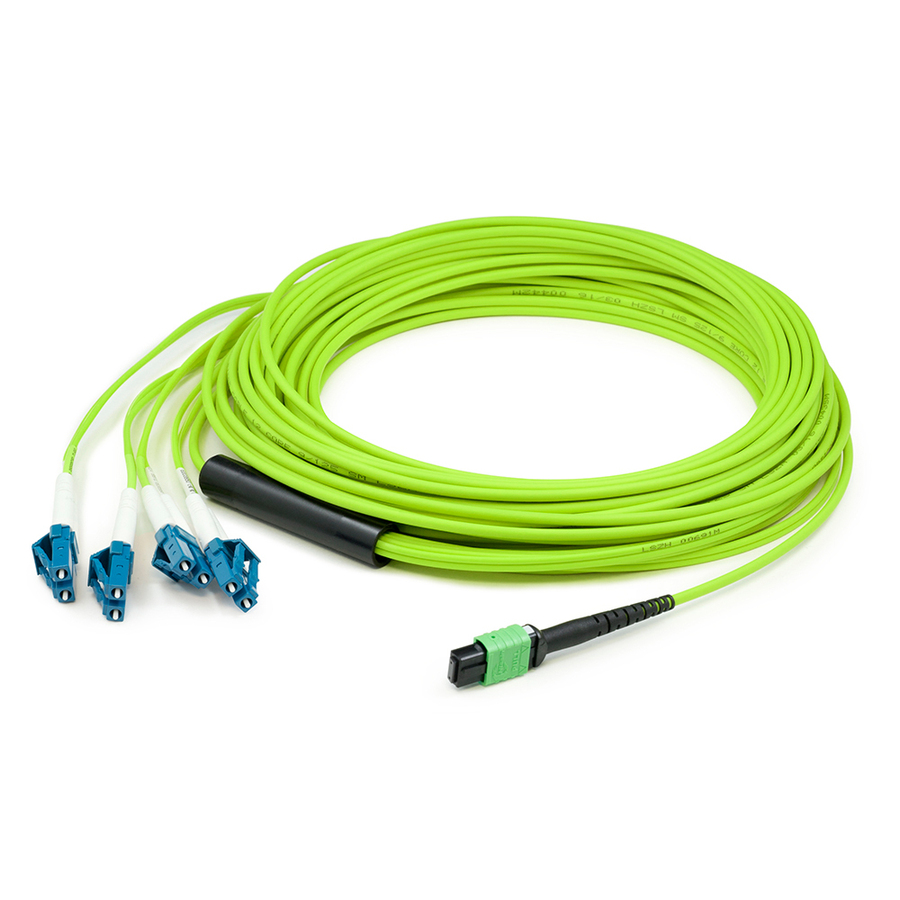 AddOn 7m MPO/UPC to 4xLC/UPC Duplex Lime Green OM5 OFNR (Riser-Rated) 12-Strand Fiber Fanout Cable