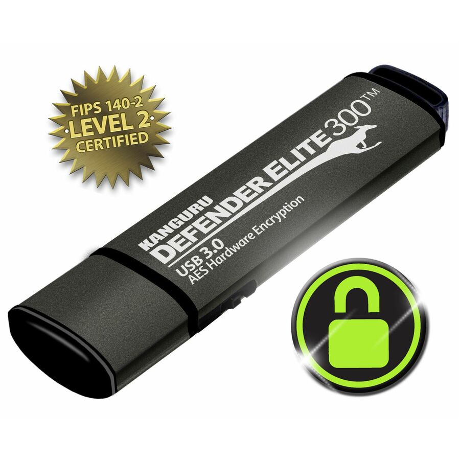 Kanguru Defender Elite300™ FIPS 140-2 Certified, AES XTS 256-Bit Hardware Encrypted USB 3 Secure Flash Drive with Physical Write Protect Switch, 256G