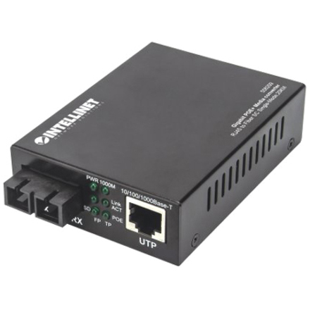Gigabit PoE+ Media Converter, 1000Base-T RJ45 Port to 1000Base-LX (SC) Single-Mode, 20 km (12.4 mi.), PoE+ Injector
