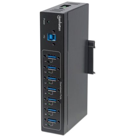 USB-A 7-Port Hub Industrial, 7x USB-A Ports, 5 Gbps (USB 3.2 Gen1 aka USB 3.0), 20 kV ESD Protection, A/C, Bus and Terminal-Block Power Options, DIN Rail, Wall Mountable, Metal Housing, Screw-Lock Security, SuperSpeed USB, Black, Three Year Warranty
