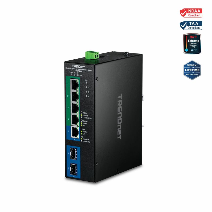 TRENDnet 7-Port Industrial Gigabit L2 Managed PoE+ DINRail Switch 24 - 57V, TI-PG743Bi, Ethernet Splitter, 120W@48V DC or 120W@24V DC, 14Gbps, NDAA & TAA Compliant, IP40 Rated
