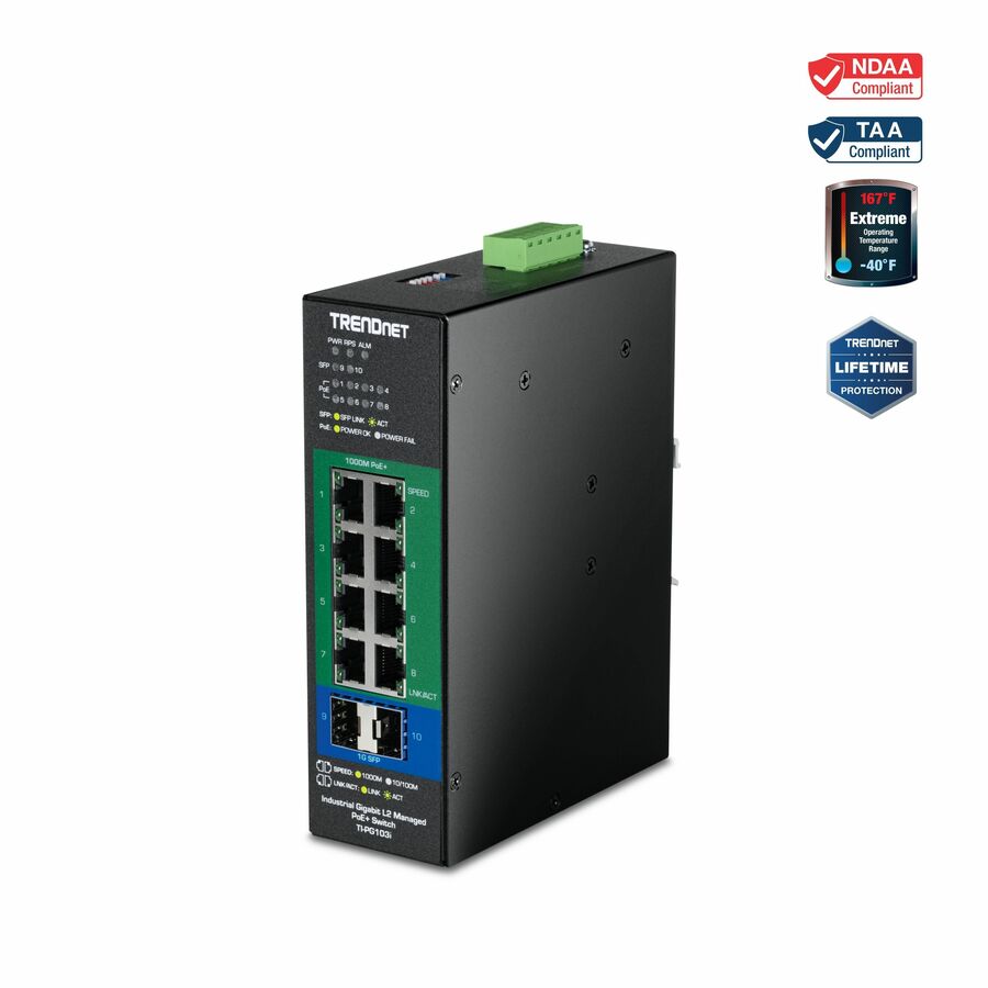 TRENDnet 10-Port Industrial Gigabit L2 Managed PoE+ DINRail Switch 24 - 57V, TI-PG103i, 8 x Gigabit PoE+ Ports, 2 x SFP Ports, 20Gbps, IP40, Ethernet Splitter, NDAA & TAA Compliant