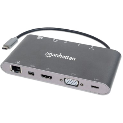USB-C Dock/Hub with Card Reader, Ports (x8): HDMI, Audio 3.5mm, Ethernet, Mini DisplayPort, USB-A (x3) and USB-C, With Power Delivery (60W) to USB-C Port (Note add USB-C wall charger and USB-C cable needed), All Ports can be used at the same time