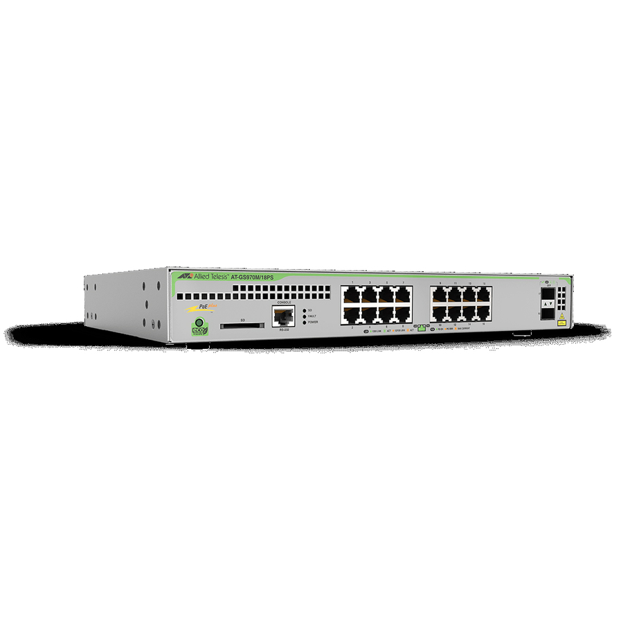 Allied Telesis L3 switch with 16 x 10/100/1000T PoE ports and 2 x 100/1000X SFP ports