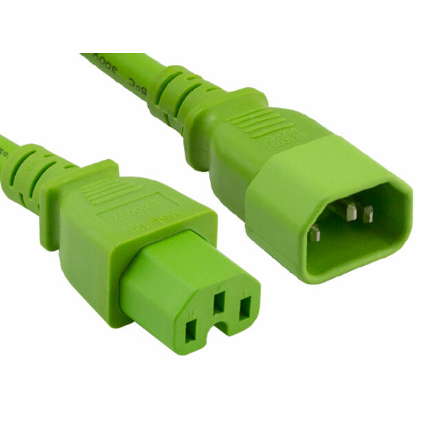 ENET C14 to C15 10ft Green Power Extension Cord 14 AWG 15A NEMA IEC-320 C14 to NEMA IEC-320 C15 Green 10'