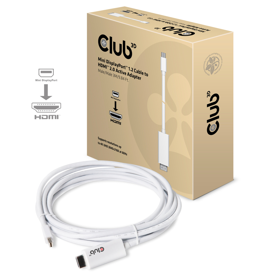 Club 3D Mini DisplayPort 1.2 Cable to HDMI UHD 4K60Hz Active Adapter M/M 3m/9.84Ft