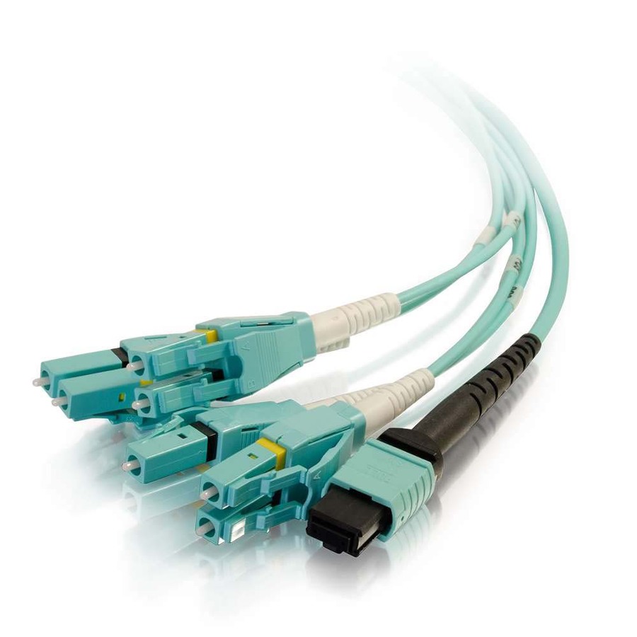 C2G 3m MPO to 4 Duplex LC Fiber Breakout Cable OM3 Riser Rated (OFNR) - Aqua
