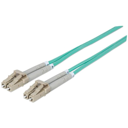 Intellinet Network Solutions Fiber Optic Patch Cable, LC/LC, OM3, 50/125, Multimode, Duplex, Aqua, 33 ft (10 m)