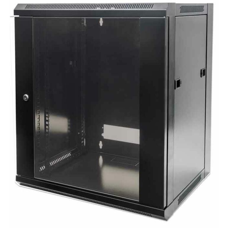19" Network Cabinet - Wall Mount (Standard), 6U, 450mm Deep, Black, Flatpack, Max 60kg, Suitable also for use on desk or floor, Usable Depth 270mm to 350mm, Metal & Glass Door, Back Panel, Removeable Sides,Parts for wall installation not included