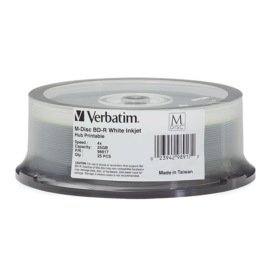 Verbatim M-Disc BD-R 25GB 4X White Inkjet Printable, Hub Printable - 25pk Spindle