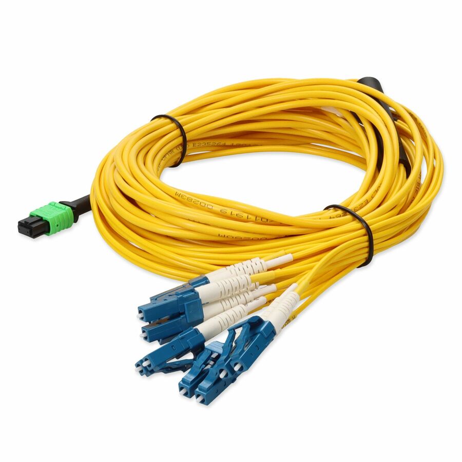 AddOn 5m MPO/APC to 6xLC/UPC Duplex Yellow OS2 OFNR (Riser-Rated) 12-Strand SMF Fiber Fanout Cable