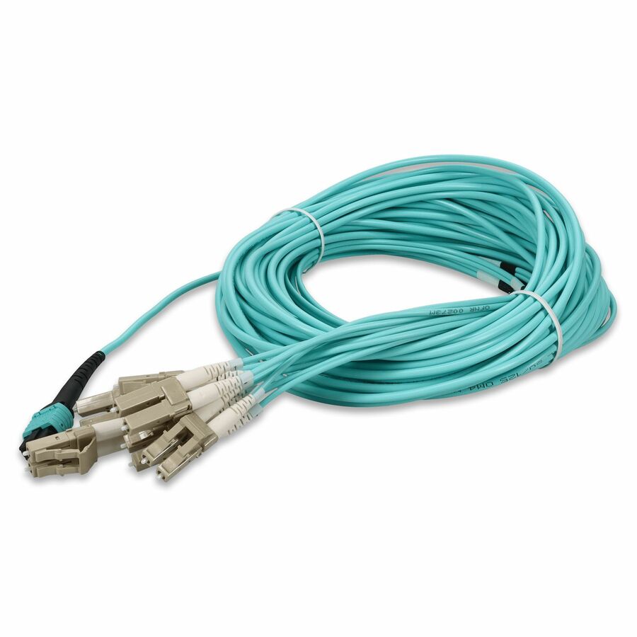 AddOn 30m MPO/UPC to 6xLC/UPC Duplex Aqua OM3 OFNR (Riser-Rated) 12-Strand Fiber Fanout Cable