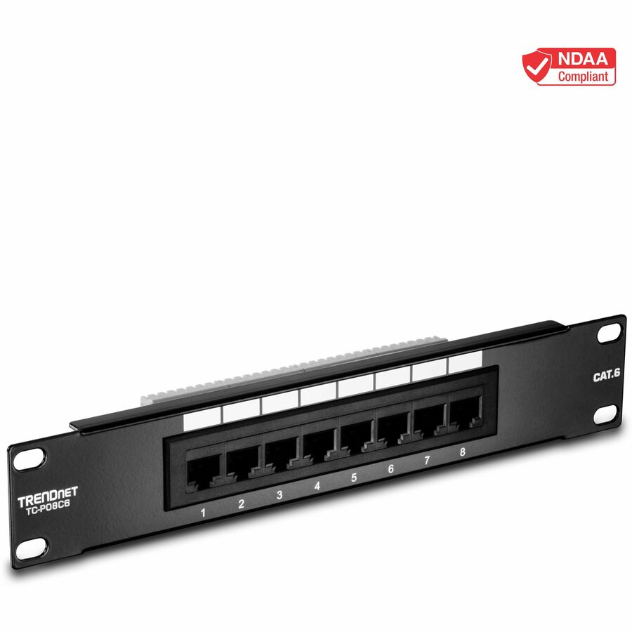TRENDnet 8-Port Cat6 Unshielded Patch Panel, TC-P08C6, Rackmount, 10 Inch Wide, 8 x Gigabit RJ-45 Ethernet Ports, Pre-numbered Ports, 250 Mhz Connection, Color Coded Labeling, 110 IDC Terminal Blocks