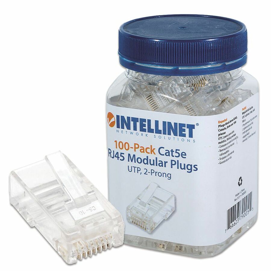 Intellinet Network Solutions Cat5e RJ45 Modular Plugs, 2-Prong, UTP, For Stranded Wire, 100 Plugs in Jar