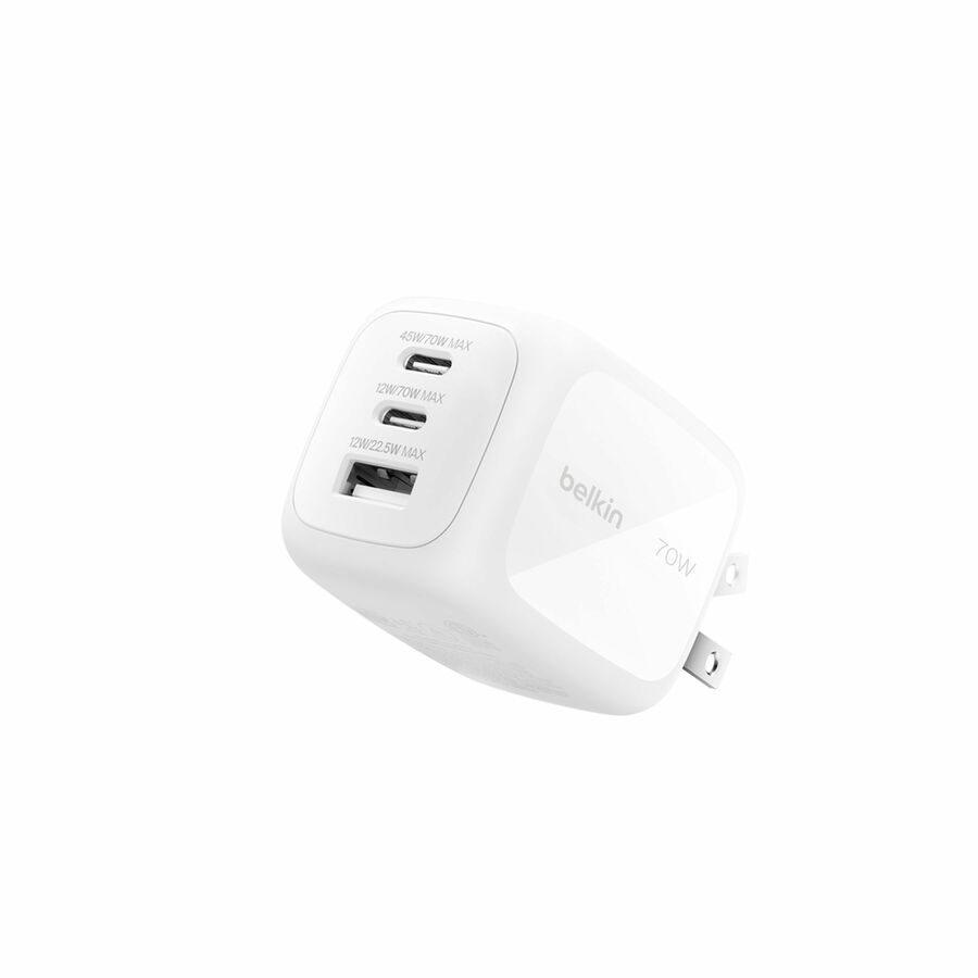 Belkin 70W GaN 3-Port USB Wall Charger - 1xUSB-A, 2xUSB-C - Foldable Prongs - Power Adapter - White