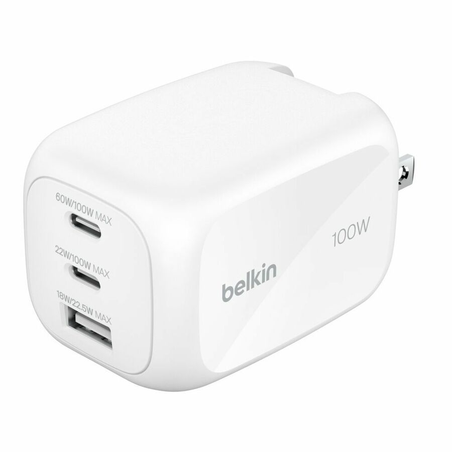 Belkin 100W GaN 3-Port USB Wall Charger - 1xUSB-A, 2xUSB-C - Foldable Prongs - Power Adapter - White