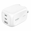 Belkin 100W GaN 3-Port USB Wall Charger - 1xUSB-A, 2xUSB-C - Foldable Prongs - Power Adapter - White
