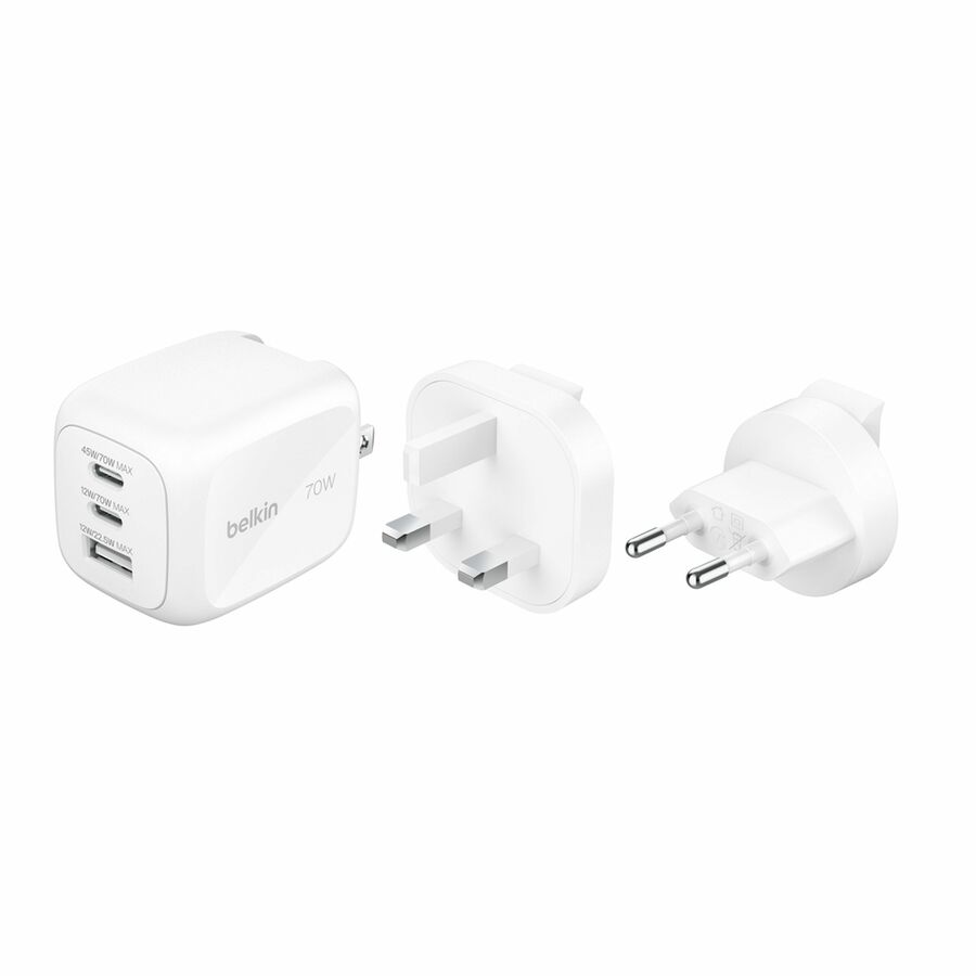 Belkin 70W GaN 3-Port USB Wall Charger - 1xUSB-A, 2xUSB-C - Power Adapter - White