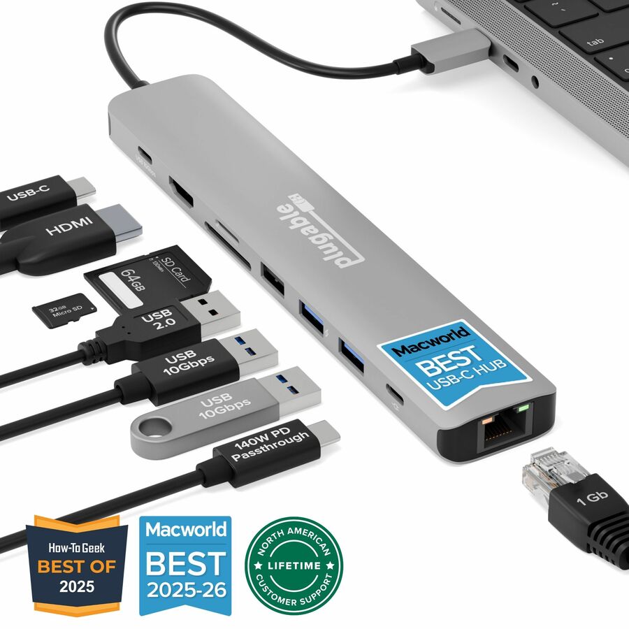 Plugable USB C Hub Multiport Adapter (9-in-1) 140W Power Delivery Charging, 4K 60Hz HDMI