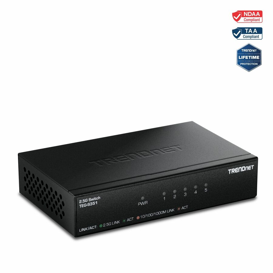 TRENDnet 5-Port 2.5Gb Switch, TEG-S351, 5 x 2.5G RJ45 Ports, 25Gbps Switching Capacity, NDAA + TAA Compliant, Ethernet Splitter, for Game Console, NAS, PC, Lifetime Protection
