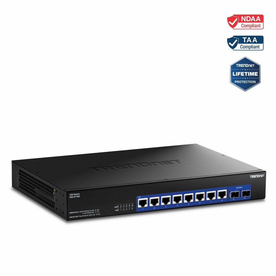 TRENDnet 10-Port 10G Unmanaged Switch, TEG-S7102, 8 x 10G  RJ-45 Ports, 2 x 10G SFP+ Ports, 200Gbps Switching Capacity,  Rackmount Design, Lifetime Protection, Black