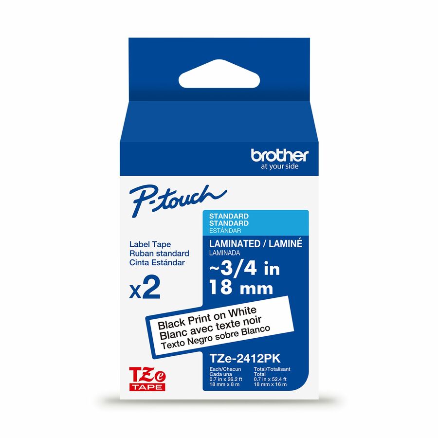 Brother Genuine P-touch TZe2412PK BK on WHT Label Tapes, Laminated, 18mmX8m each