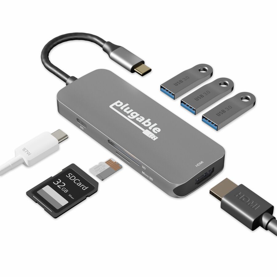 Plugable USB-C Hub 7-in-1, Driverless USB C Hub - 4K 60Hz HDMI for Single Display, 3 USB 3.0, SD & microSD Card Reader, 100W Charging