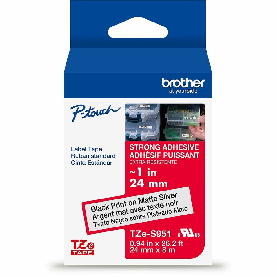 Brother Genuine P-touch TZeS951 BK on MATTE SLV Label Tape, Strong Adhesive Lam., 24mmX8m