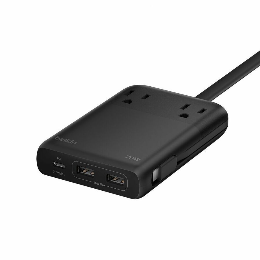 Belkin 2-Outlet Charging Station w/ 2x USB-A, 1x USB-C Ports + Tethered USB-C Cable 70W - 5ft Cord - Black