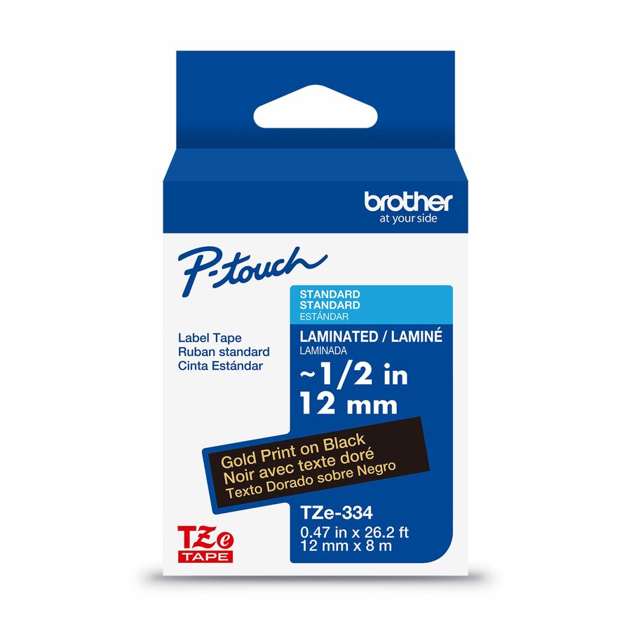 Brother Genuine P-touch TZe334 GLD on BK Label Tape, Laminated, 12mmX8m