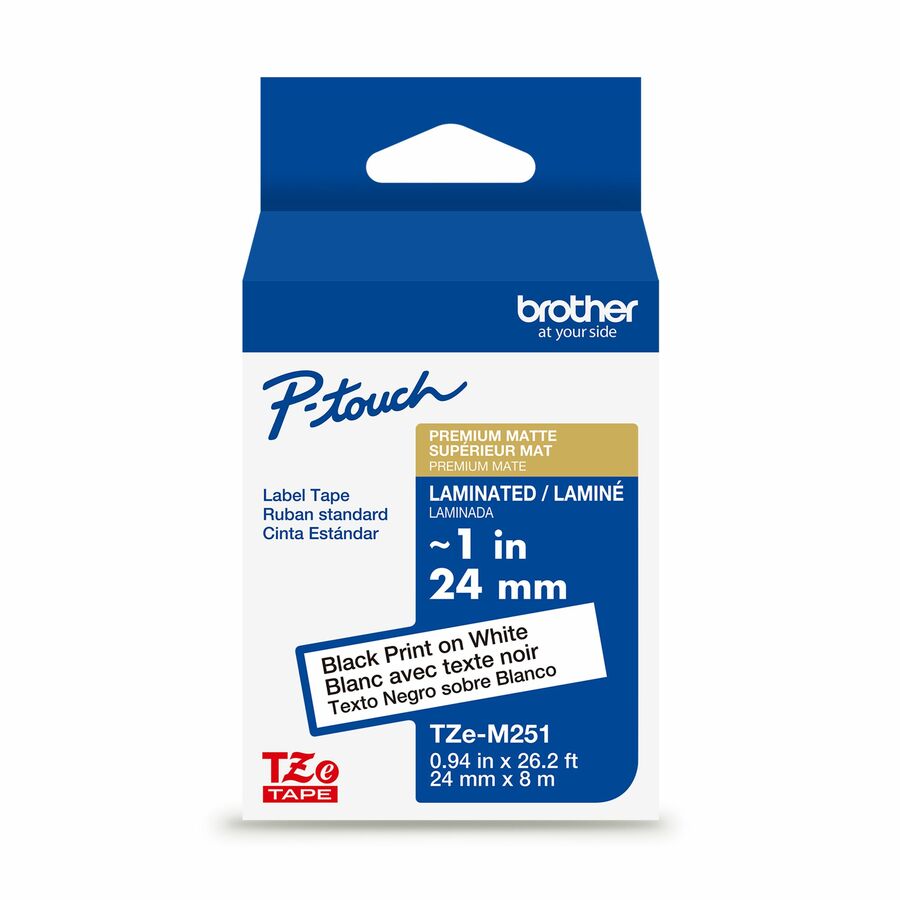 Brother Genuine P-touch TZeM251 BK on WHT Label Tape, Premium Matte Laminated, 24mmX8m