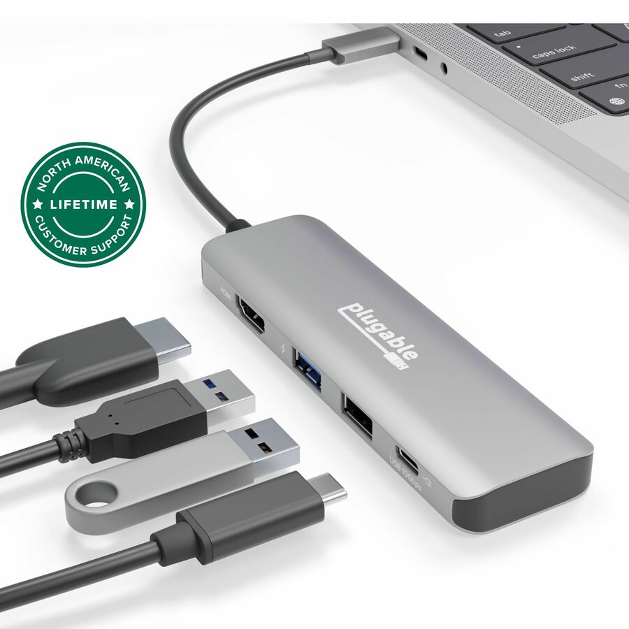 Plugable USB C Hub Multiport Adapter, 4 in 1, 100W Pass Through Charging USB C to HDMI 4K 60Hz