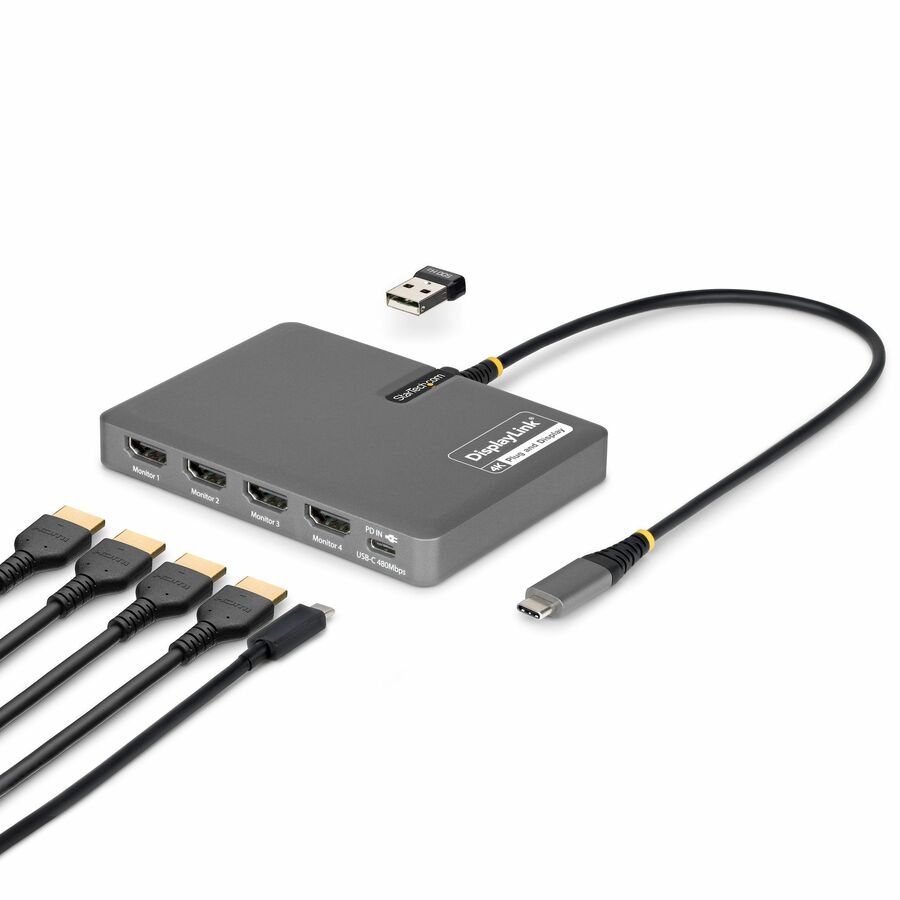 StarTech USB-C to Quad-Monitor Workstation Adapter, 4K 60Hz HDMI, 140W PD Passthrough for Laptop Charging, 1x USB 2.0 Port, TAA