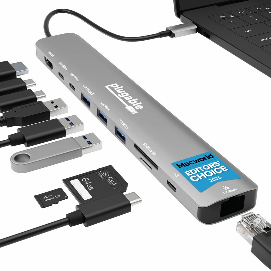 Plugable USB C Hub: 10-in-1 Multiport Adapter (8K/4K 144Hz HDMI 2.1, 2.5G Ethernet, 140W Charging, 10Gbps Data)
