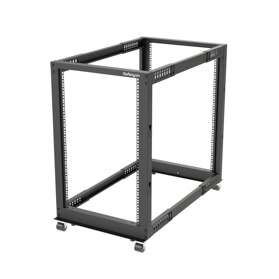 StarTech.com 4-Post 18U Mobile Open Frame Server Rack, 19" Network Rack with Casters, Rolling Rack for Computer/AV/Data/IT Equipment - 4-Post 8U open frame server rack for Data/IT equipment - 22-40in (56-101cm) Mounting Depth; 18in (46cm) Height, 1200lb (544kg) Capacity - 19" Mobile Network Rack - Casters, Levelling Feet, or Base-plate (floor) install - EIA/ECA-310-E Compliant