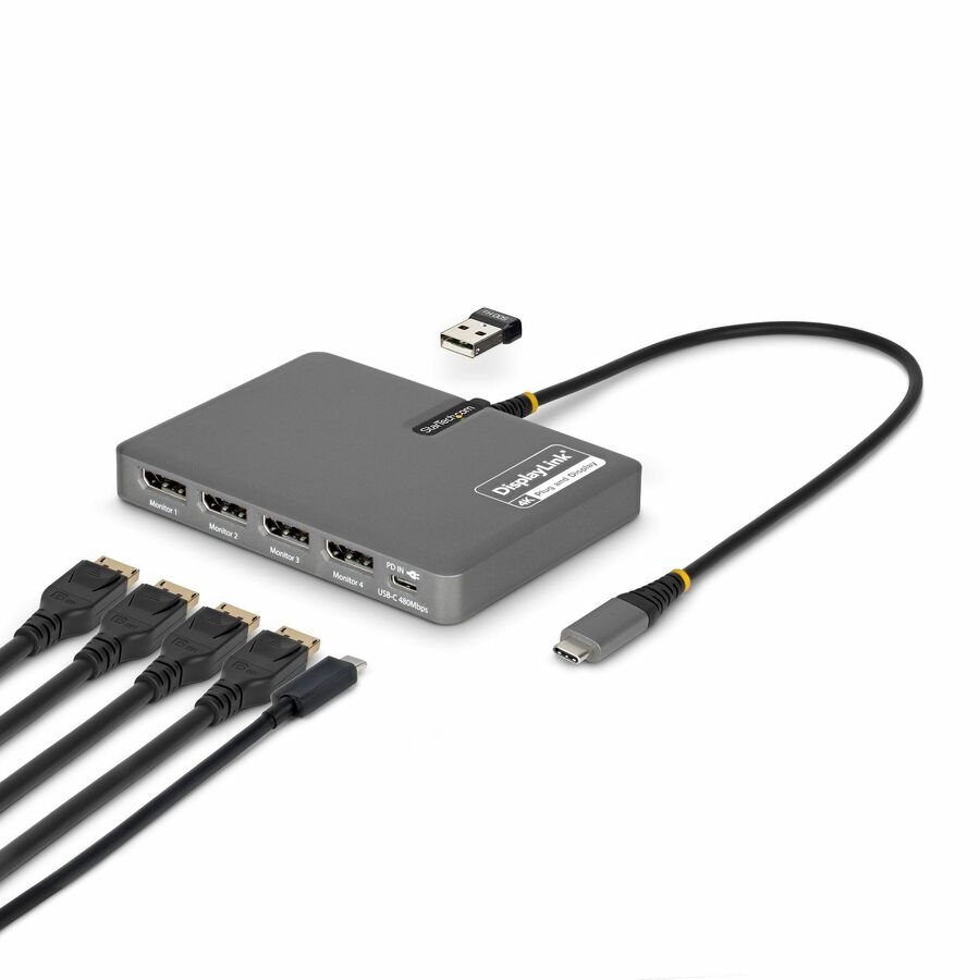 StarTech USB-C to Quad-Monitor Workstation Adapter, 4K 60Hz DisplayPort, 140W PD Passthrough for Laptop Charging, 1x USB 2.0 Port, TAA