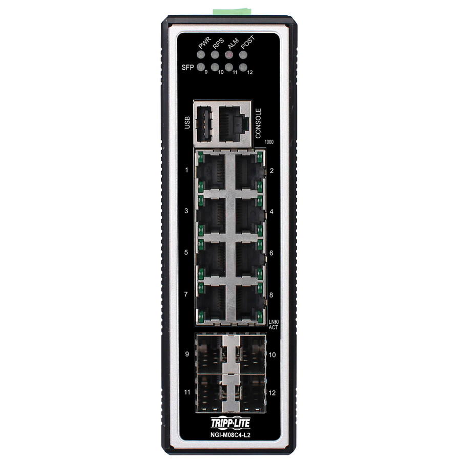 Eaton Tripp Lite Series 8-Port Managed Industrial Gigabit Ethernet Switch - Layer 2, 10/100/1000 Mbps, 4 GbE SFP Ports, -40° to 75°C, DIN Mount, TAA