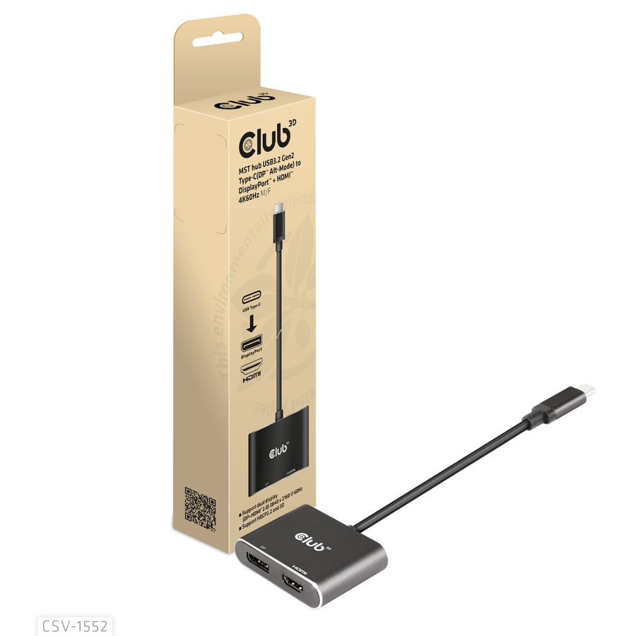 Club 3D MST Hub USB3.2 Gen2 Type-C(DP Alt-Mode) to DisplayPort + HDMI 4K60Hz M/F