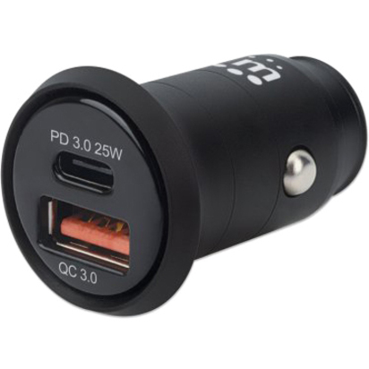 Manhattan Car/Auto Charger, USB-C & USB-A Outputs, USB-C Power Delivery up to 25W, USB-A Charging up to 18W (QC 3.0), Simultaneous Charging, Overload/Overcurrent/Overheat Protection, Black, Three Year Warranty, Blister