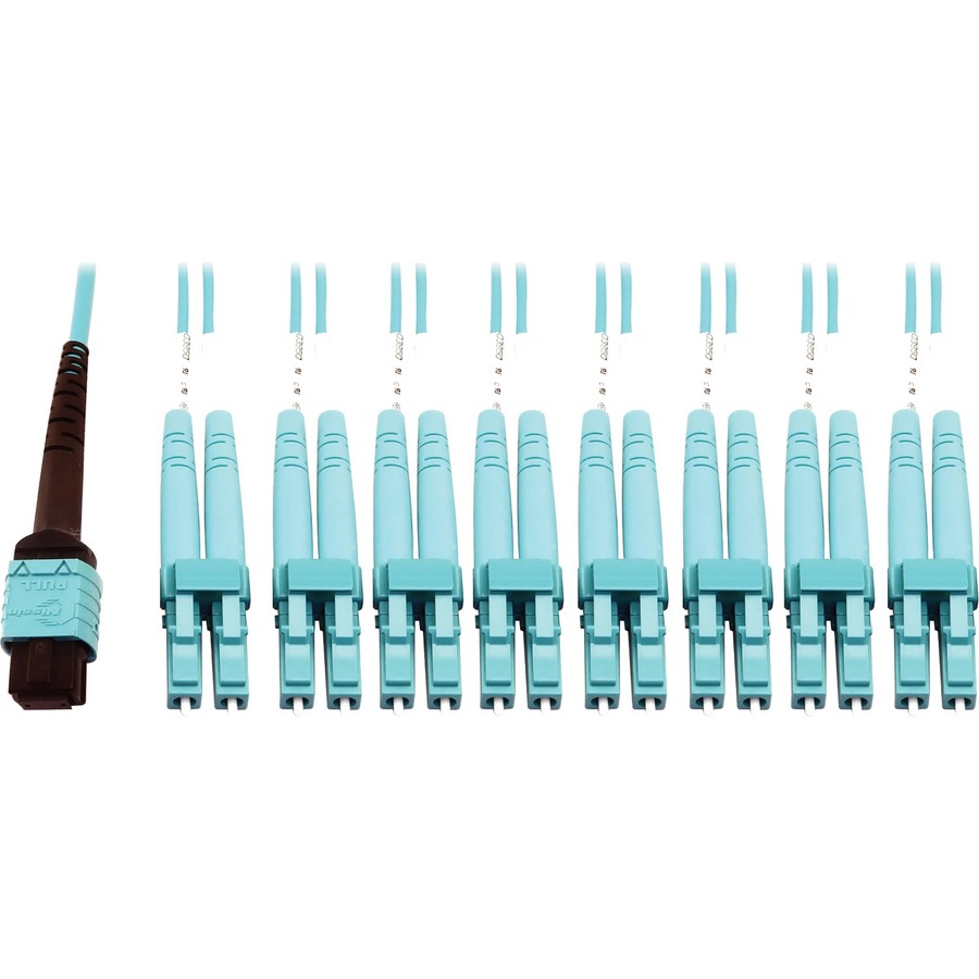 Eaton Tripp Lite Series 400G Multimode 50/125 OM4 Plenum Fiber Optic Breakout Cable, 24F MTP/MPO-PC to (x4) LC Duplex (F/M), Aqua, 5 m