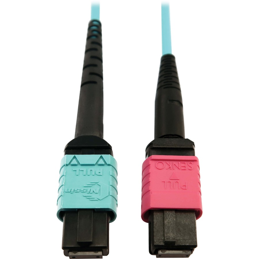 Eaton Tripp Lite Series 400G Multimode 50/125 OM4 Plenum Fiber Optic Cable, 24F MTP/MPO-UPC to 16F MTP/MPO-UPC (F/F), Aqua, 5 m