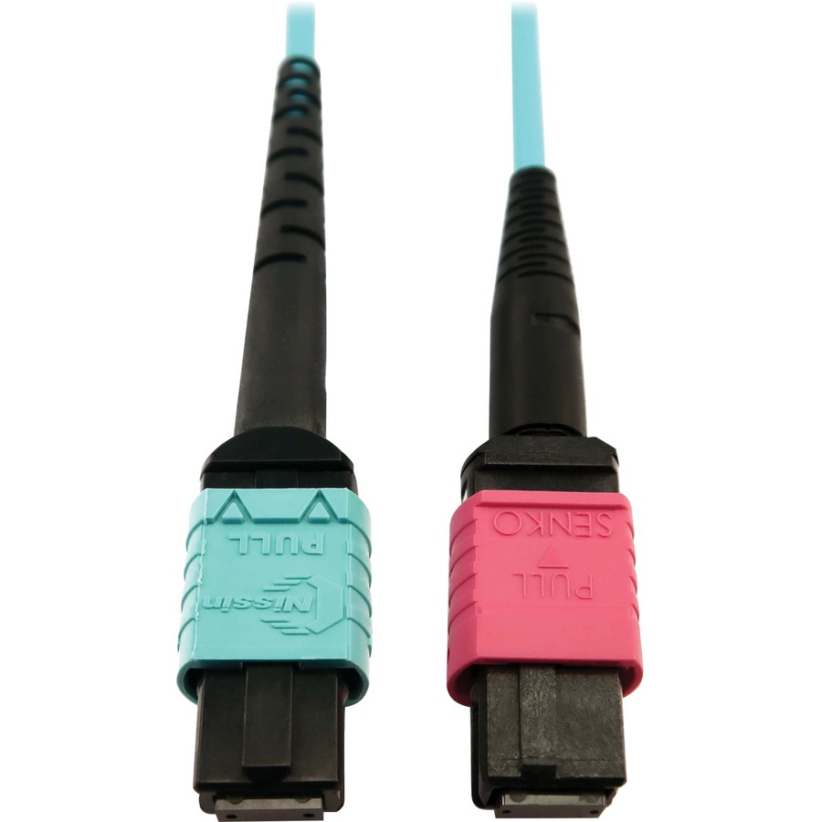 Eaton Tripp Lite Series 400G Multimode 50/125 OM4 Plenum Fiber Optic Cable, 24F MTP/MPO-UPC to 16F MTP/MPO-UPC (F/F), Aqua, 3 m