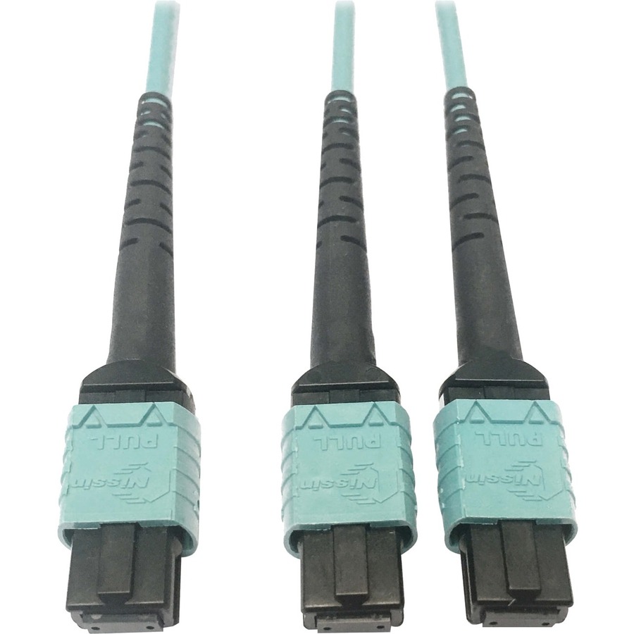 Eaton Tripp Lite Series 400G Multimode 50/125 OM4 Plenum Fiber Optic Cable, 24F MTP/MPO-PC to (x2) 12F MTP/MPO-PC (F/F), Aqua, 1 m